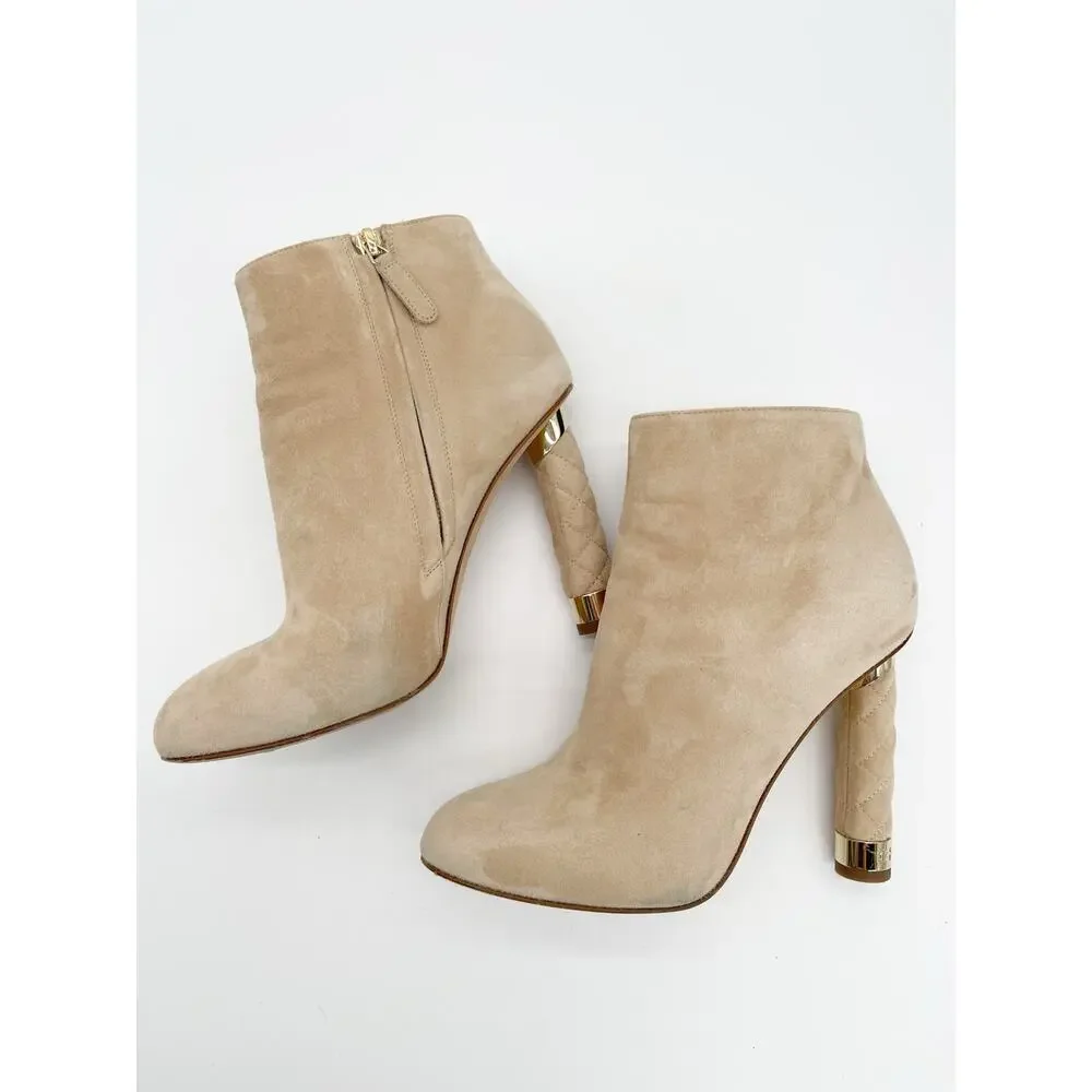 Chanel Coco Tower Beige Suede Quilted Logo Heel Round Toe Ankle Boots EU 37